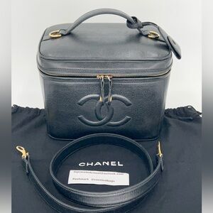 Chanel Caviar Leather CC Vanity Train Case with Strap, Dust Bag, and Entrupy COA